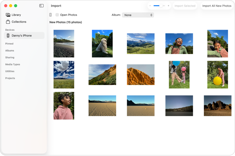 Bilder-appen med en iPhone markert i sidepanelet og Importer-vinduet åpent.