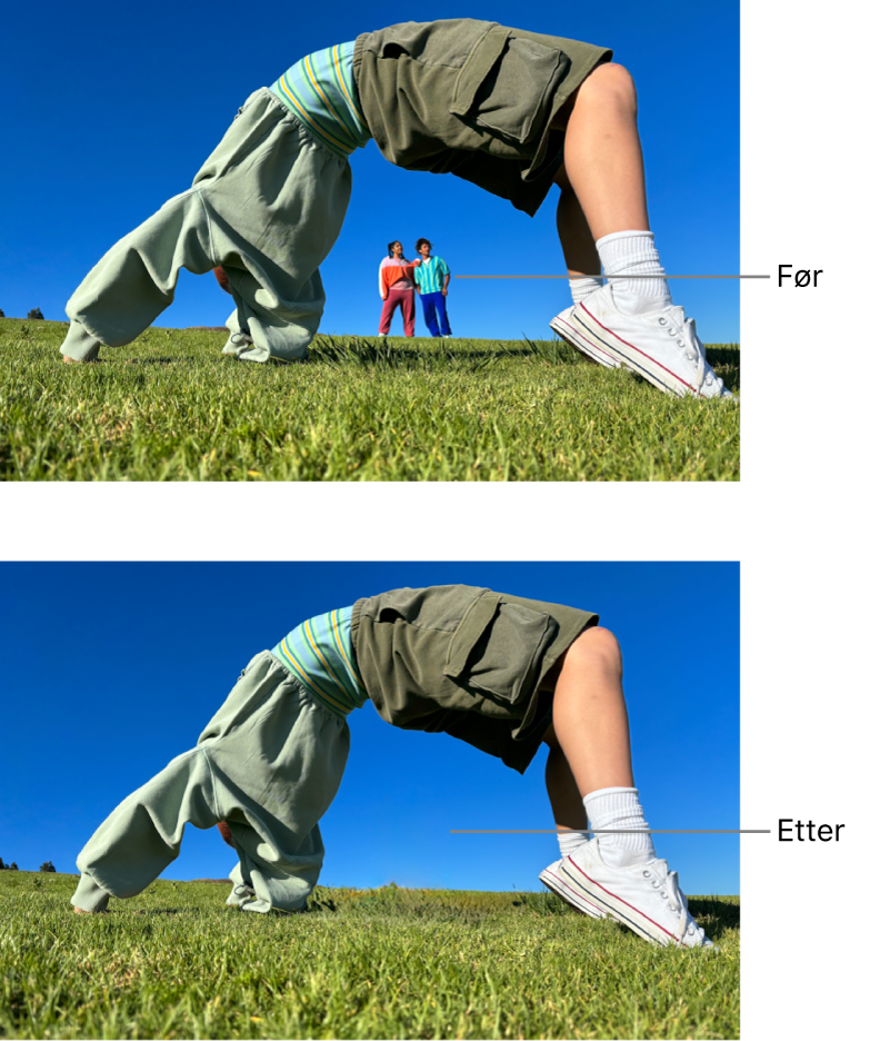 Et bilde som viser personer i bakgrunnen, og det samme bildet etter å ha brukt Visk ut hvor personene i bakgrunnen er fjernet.