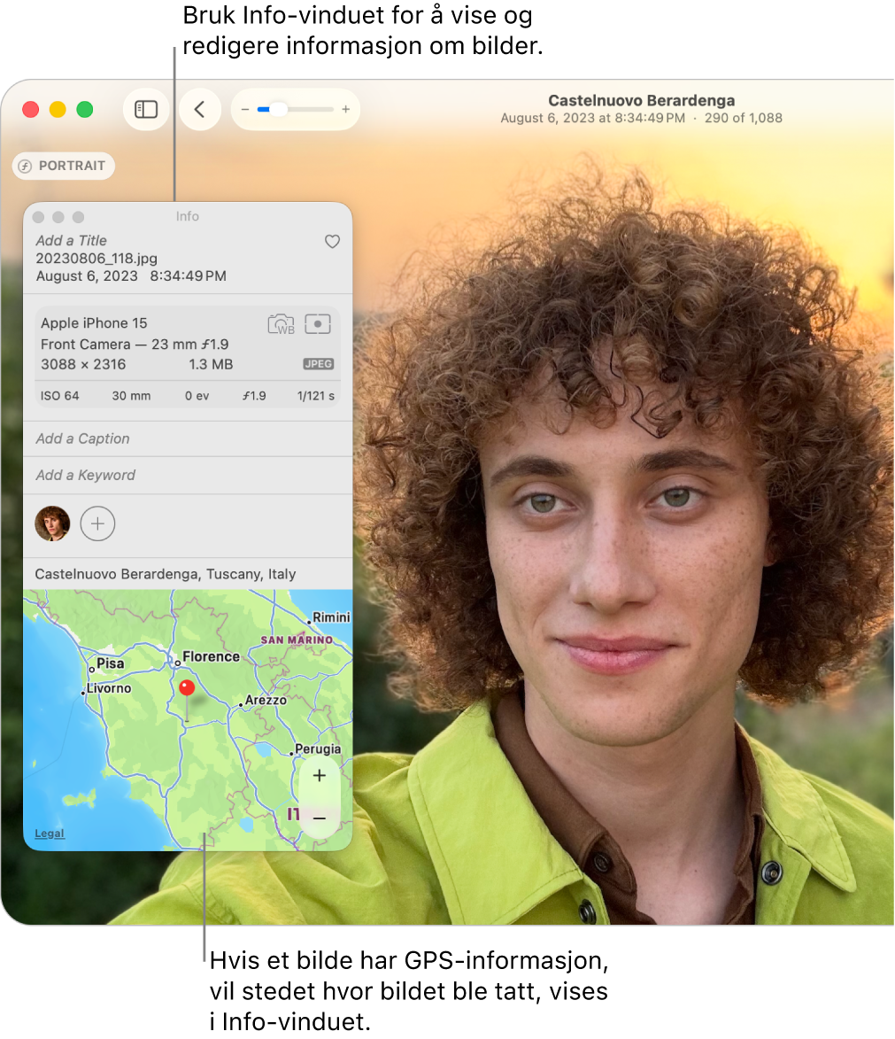 Infovinduet for et bilde som viser datoen og klokkeslettet da bildet ble tatt, informasjon om enheten som tok bildet, posisjonen hvor bildet ble tatt og mer.