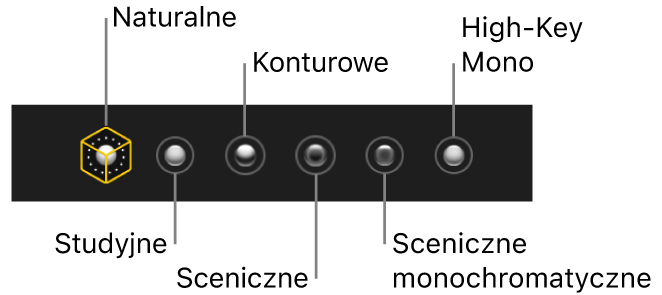 Efekty oświetlenia zdjęcia w trybie portretowym, od lewej do prawej: Światło naturalne, Światło studyjne, Światło konturowe, Światło sceniczne, Światło sceniczne (mono) oraz Światło high key (mono).