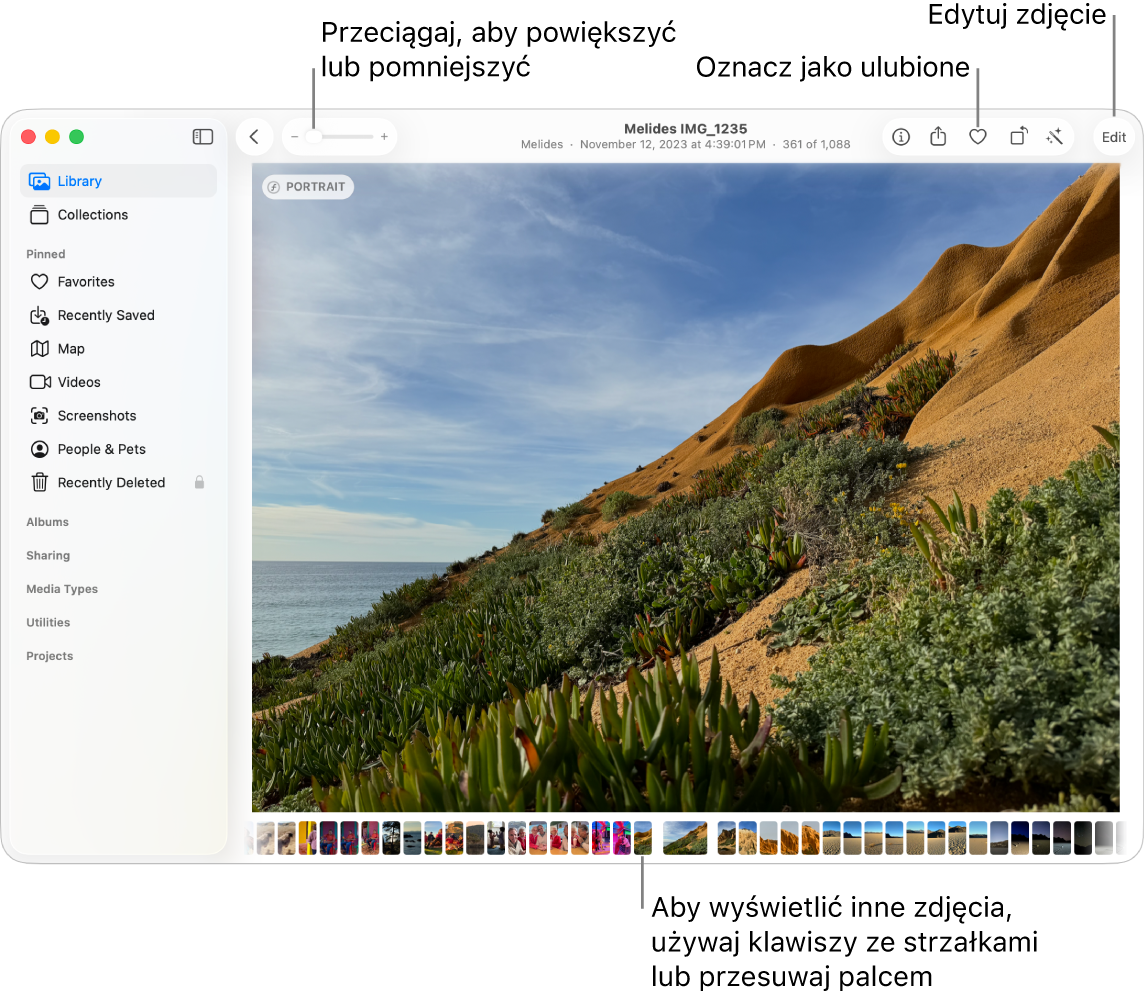 Okno aplikacji Zdjęcia z powiększonym zdjęciem po prawej i rzędem miniaturek na dole. Na pasku narzędzi na górze znajduje się suwak zoom, przycisk ulubionych oraz przycisk Edycja.