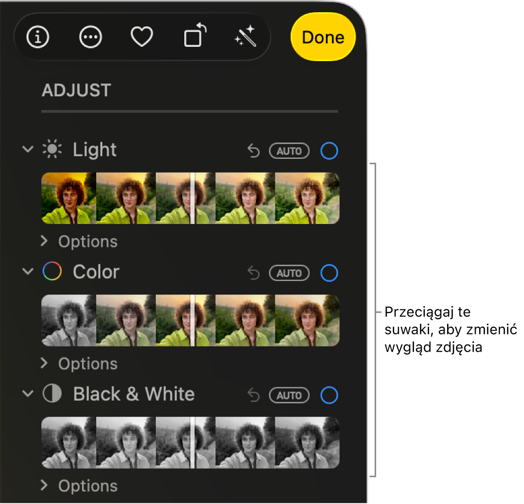 Suwaki Światło, Kolor oraz Czerń i biel w panelu Skoryguj. Nad każdym suwakiem widoczny jest przycisk Autom.