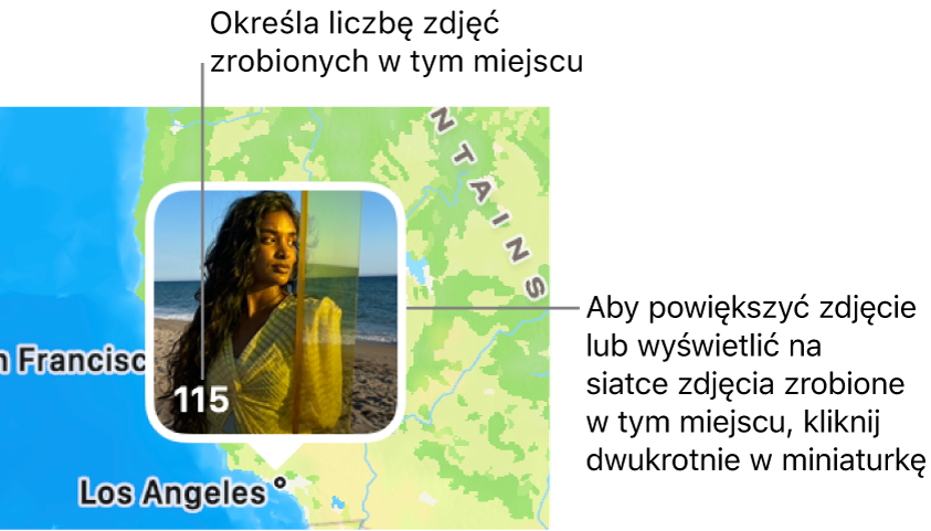 Miniaturka zdjęcia na mapie. W lewym dolnym rogu miniaturki widoczna jest liczba zdjęć wykonanych w tym miejscu.