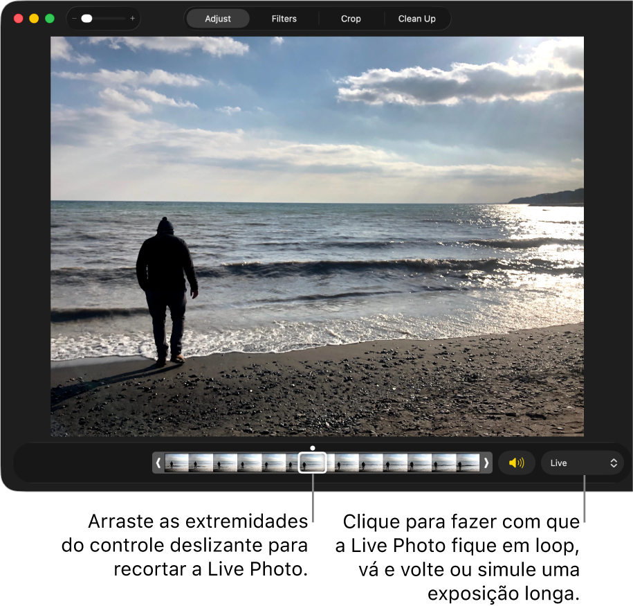 Uma Live Photo na visualização de edição com um controle logo abaixo mostrando os quadros da foto. À direita do controle está o botão Alto‑falante e um menu pop‑up que você pode usar para adicionar um efeito de loop, vai e volta ou longa exposição.