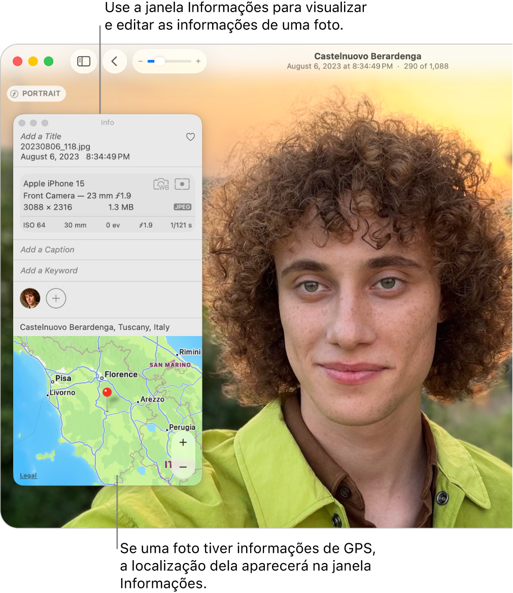 Janela Informações de uma foto mostrando a data e a hora em que a foto foi tirada, informações sobre o dispositivo que capturou a foto, a localização da foto e muito mais.