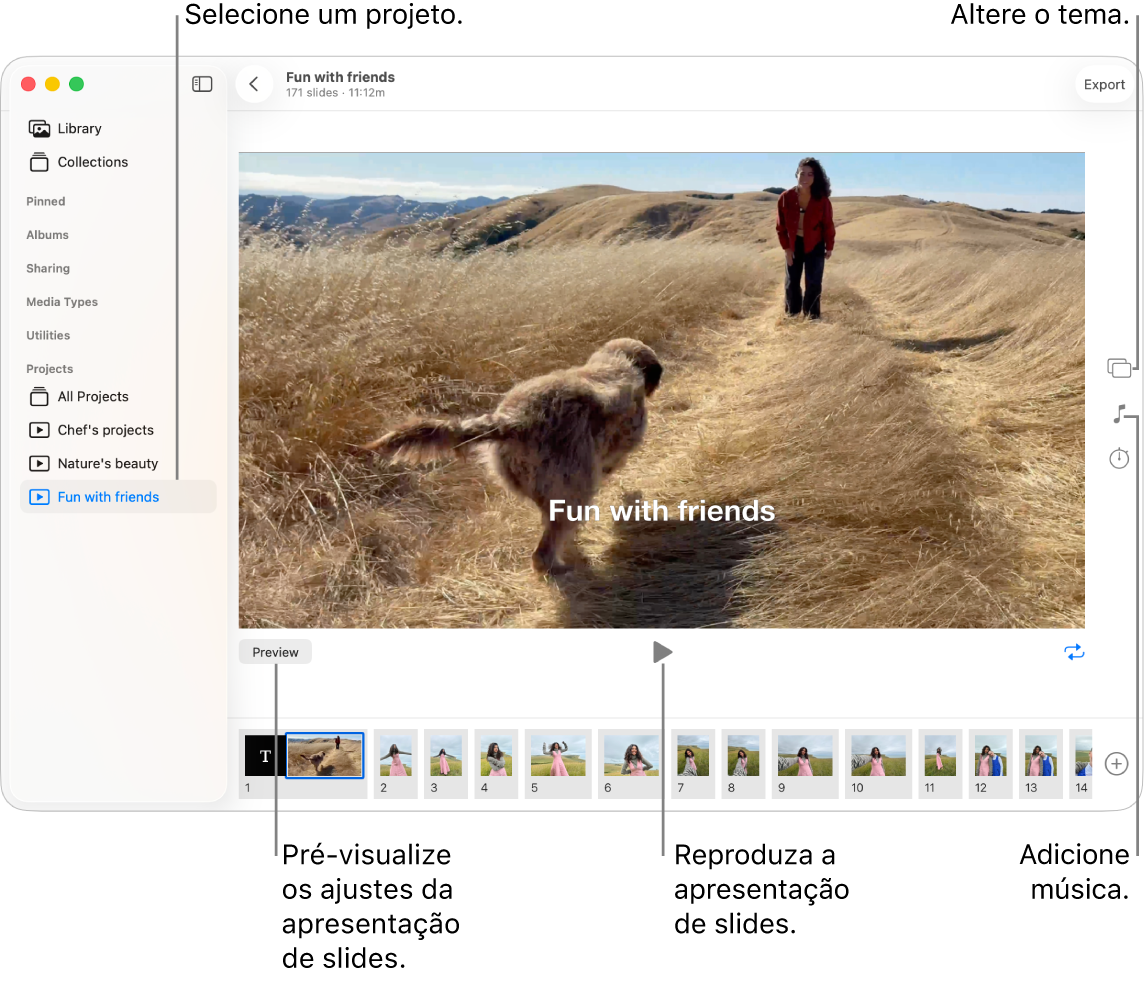 Janela do app Fotos exibindo uma apresentação de slides na parte principal da janela, com o botão Pré-visualizar, o botão Reproduzir e o botão Loop abaixo da imagem principal da apresentação de slides e miniaturas de todas as imagens da apresentação na parte inferior. Os botões Tema, Música e Duração estão à direita.