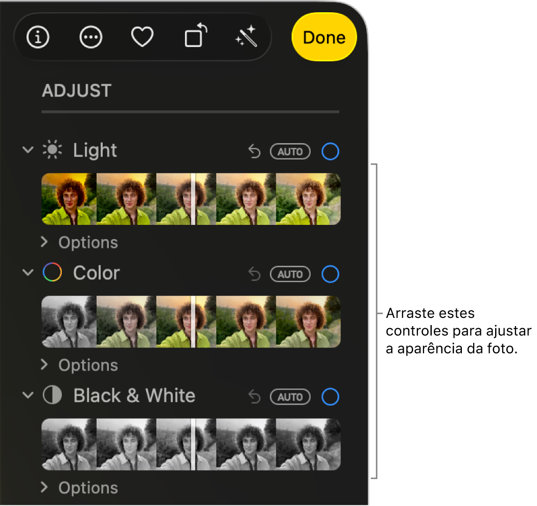 Controles de Luz, Cor e Preto e Branco no painel Ajustes. Um botão Automático aparece acima de cada controle.
