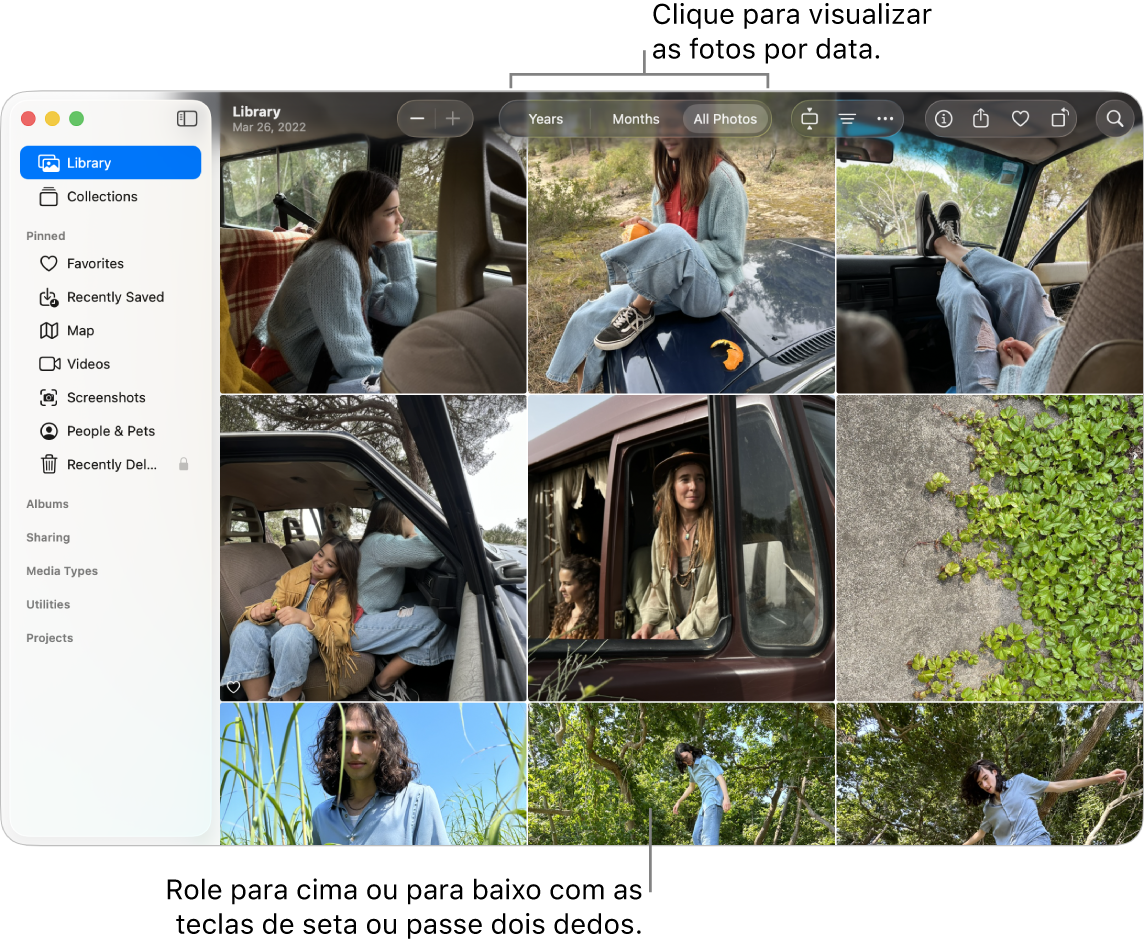 Janela do app Fotos mostrando a opção Todas as Fotos selecionada na barra de ferramentas e fotos organizadas por data aparecendo na área principal da janela.