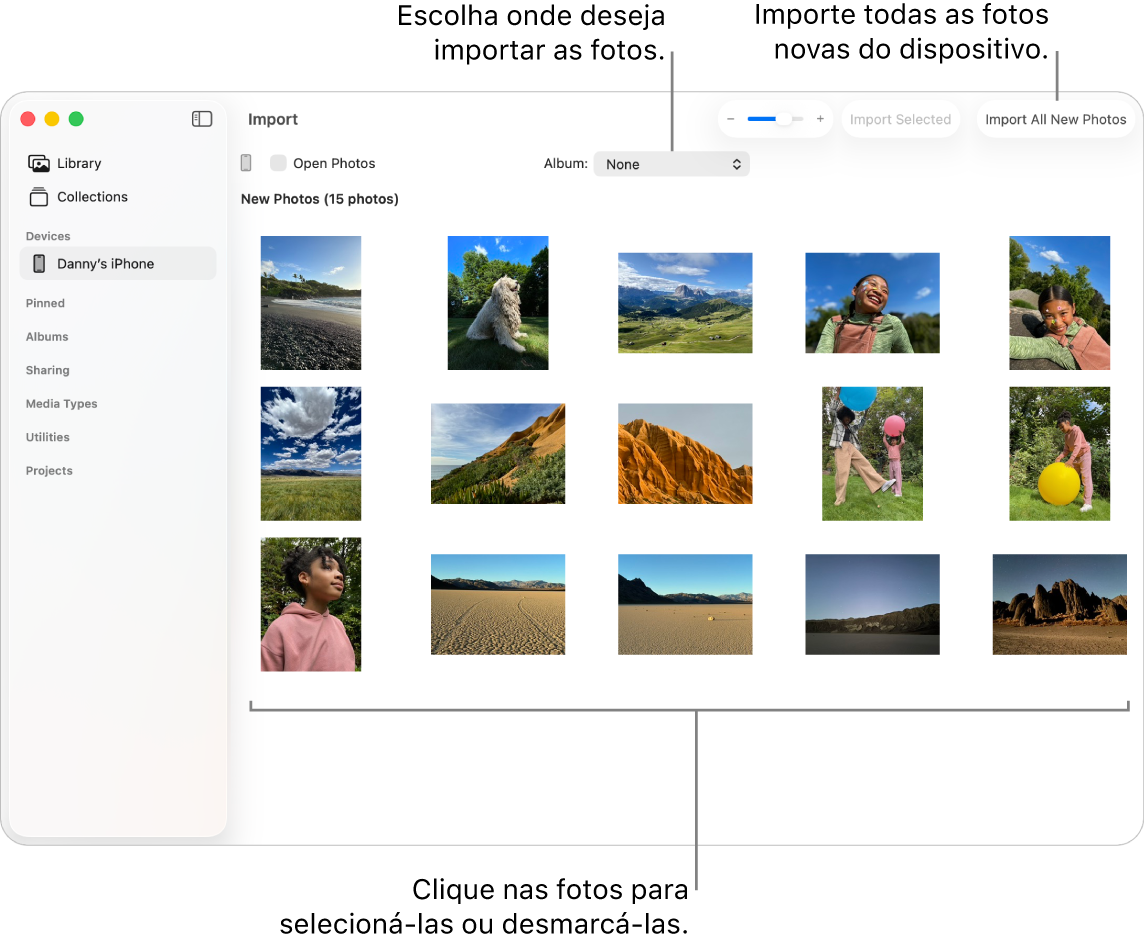 Janela Importar no app Fotos do Mac mostrando novas fotos em um dispositivo. Na parte superior central, encontra-se o menu pop‑up Álbum. Os botões de importação estão na parte superior direita.