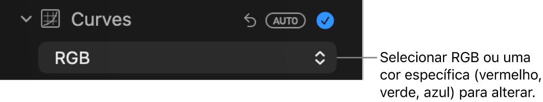 Os controlos de curvas no painel Ajustar com a opção RGB selecionada no menu pop‑up.
