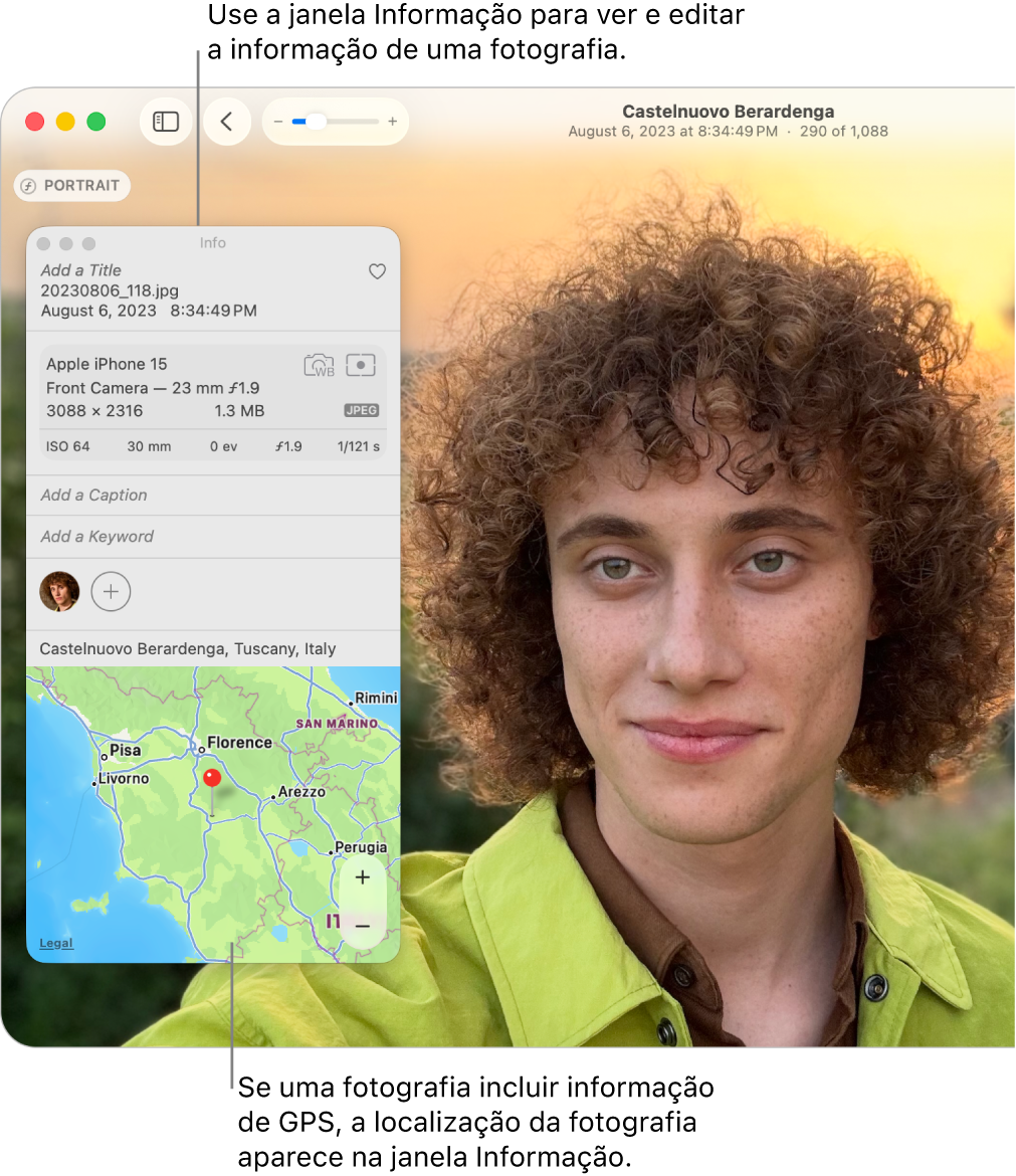 A janela de informação de uma fotografia, que mostra a data e hora em que a fotografia foi tirada, informação acerca do dispositivo que capturou a fotografia, a localização da fotografia, e muito mais.