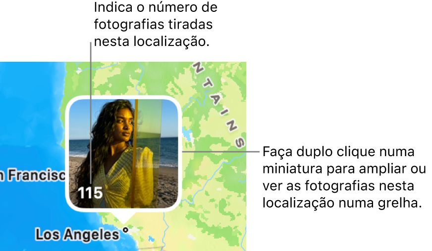 Uma miniatura de uma fotografia num mapa, com um número no canto inferior esquerdo a indicar o número de fotografias tiradas naquele local.