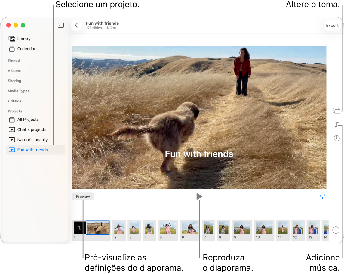 A janela da aplicação Fotografias mostra um diaporama na área principal da janela, com os botões Pré‑visualizar, Reproduzir e Reprodução contínua por baixo da imagem principal do diaporama e miniaturas de todas as imagens do diaporama na parte inferior. Os botões Tema, Música e Duração estão à direita.