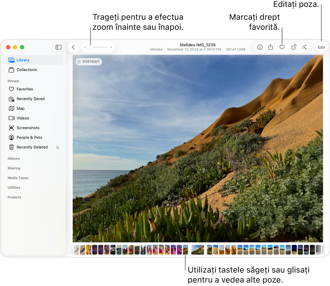 Fereastra Poze afișând în partea dreaptă o poză mărită și având dedesubt un rând de miniaturi. Bara de instrumente din partea de sus include glisorul Zoom, butonul Favorite și butonul Editează.