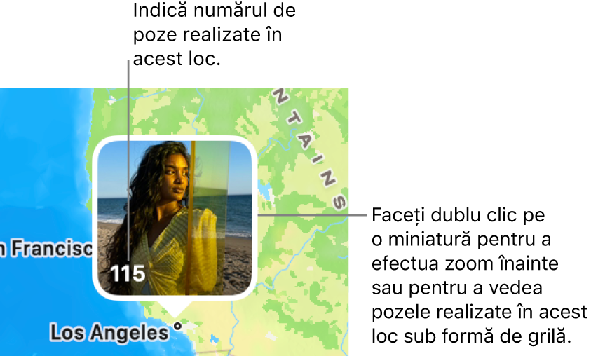 Miniatura unei poze pe hartă, cu un număr în colțul din stânga jos indicând numărul de poze realizate în locul respectiv.