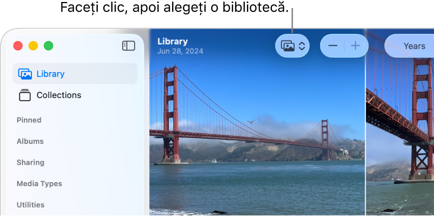 Zona din stânga sus a ferestrei Poze, afișând bara laterală și meniul pop‑up Bibliotecă din bara de instrumente.