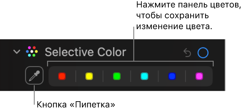 Элементы управления выборочным цветом в панели «Корректировка». Показаны кнопка «Пипетка» и области цвета.
