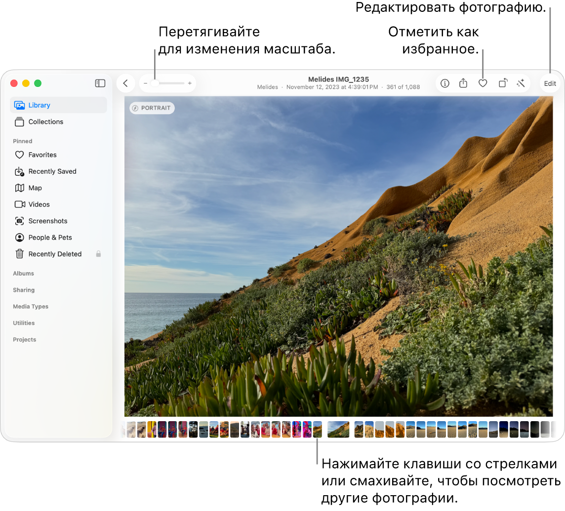 Окно приложения «Фото»: справа показана увеличенная фотография, под ней расположен ряд миниатюр. Вверху находится панель инструментов со следующими элементами: бегунок масштабирования, кнопка «Добавить в Избранное» и кнопка «Изменить».