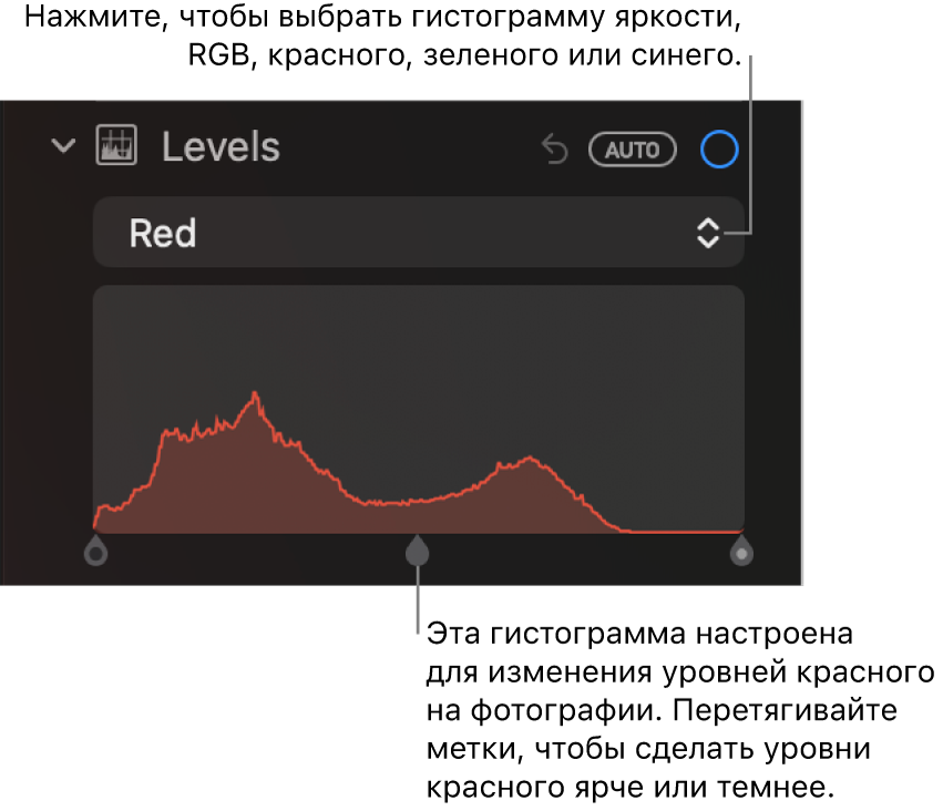 Элементы управления уровнями в панели «Корректировка». Показана гистограмма красного цвета с маркерами внизу для регулировки уровней красного цвета на фотографии.
