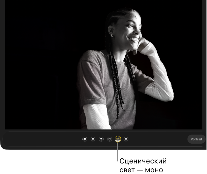 Портретная фотография с постановочным освещением, которое создает черный фон.