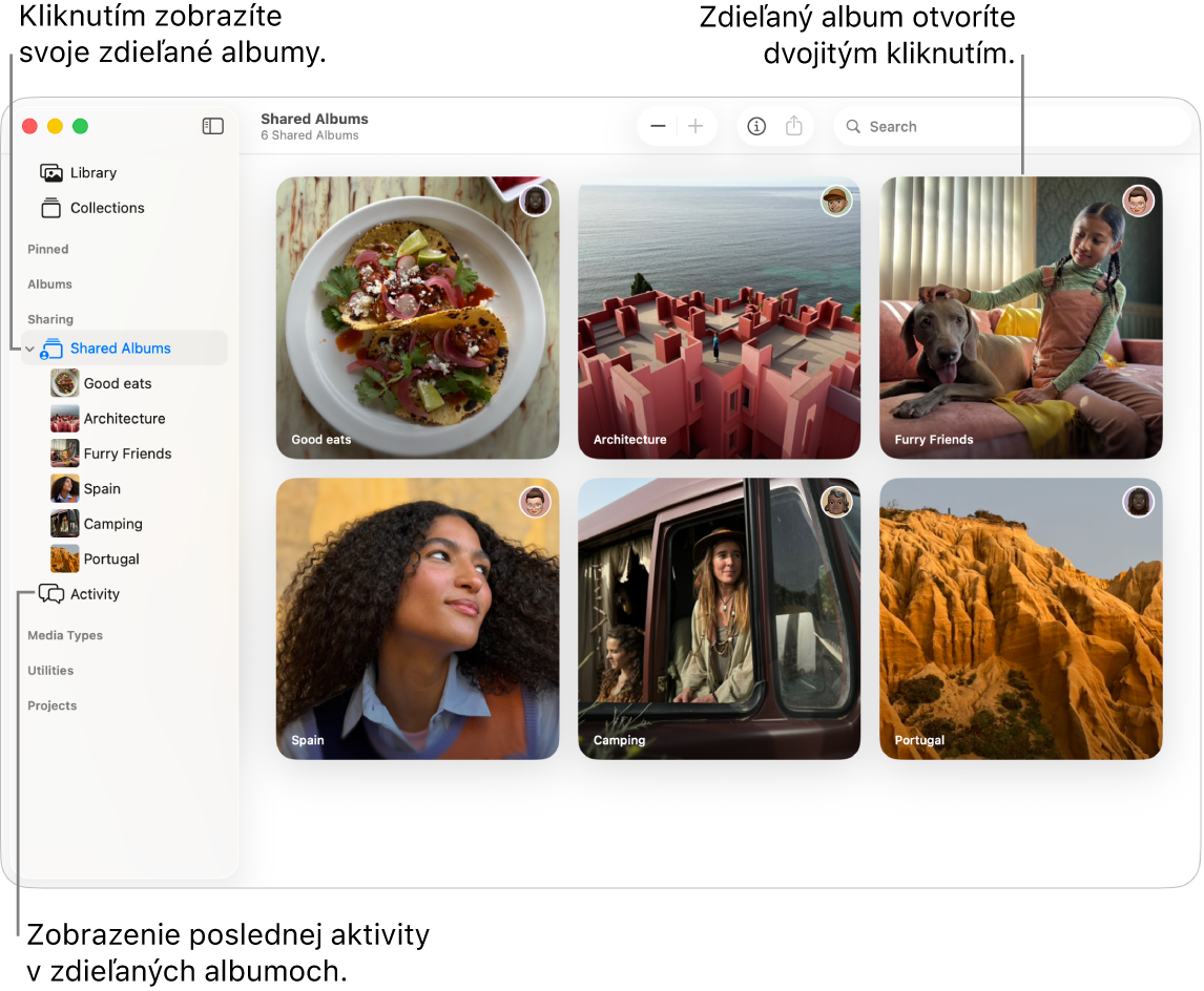 Okno apky Fotky zobrazujúce Zdieľané albumy vybrané v postrannom paneli a zdieľané albumy na pravej strane.