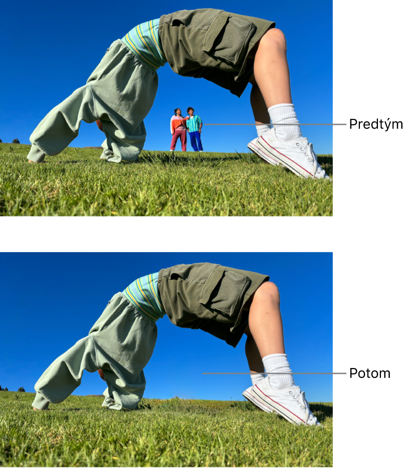 Fotografia zobrazujúca ľudí na pozadí a tá istá fotografia po tom, ako sa použil nástroj Vyčistiť a ľudia na pozadí sa odstránili.