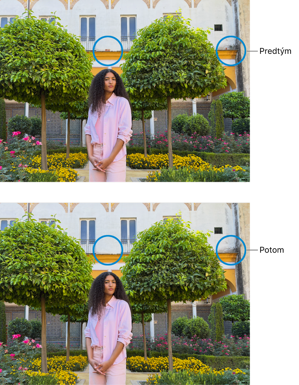 Fotka zobrazujúca nedokonalosti na budove a tá istá fotka po retušovaní.