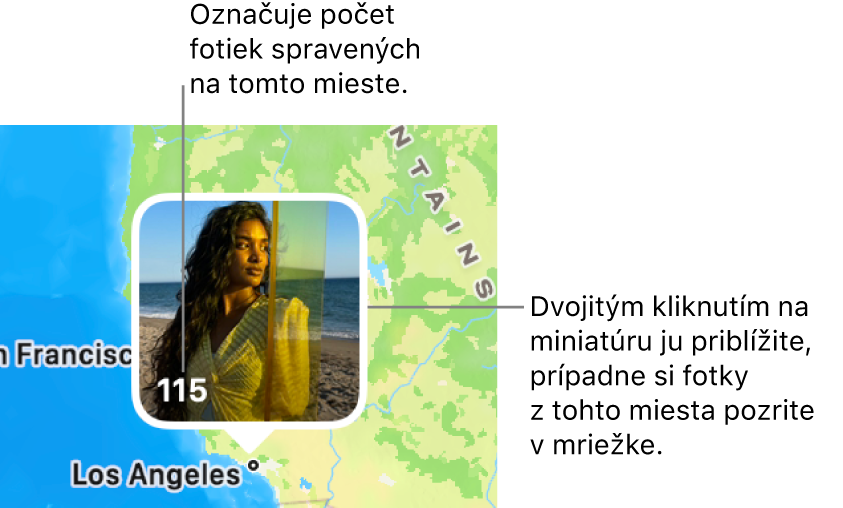 Miniatúra fotky na mape s číslom v ľavom dolnom rohu, ktoré označuje počet odfotených fotiek na danom mieste.