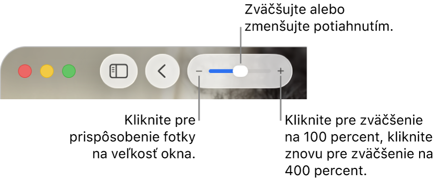 Panel s nástrojmi, v ktorom sa zobrazuje ovládanie zväčšenia.
