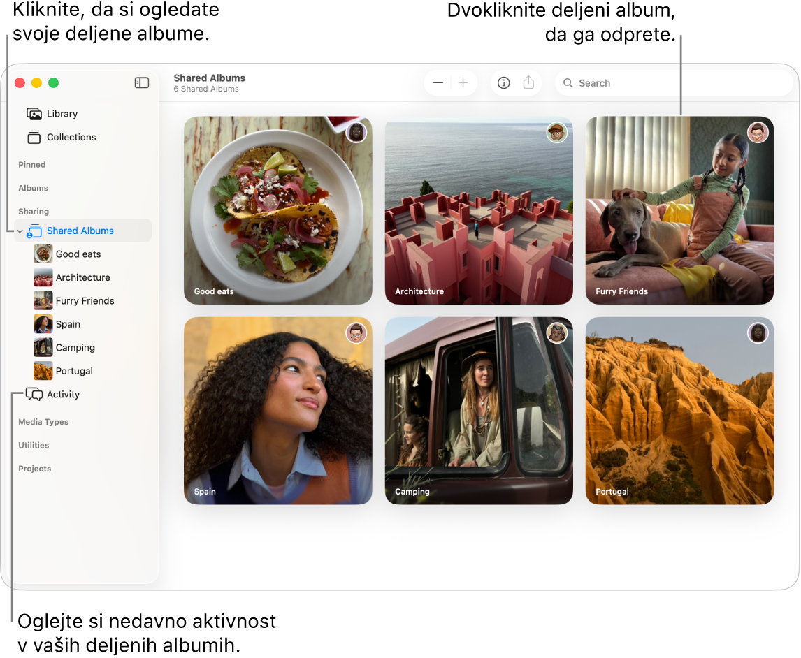 Okno Fotografij, ki prikazuje izbrano možnost Deljeni albumi v stranski vrstici in prikazane deljene albume na desni.