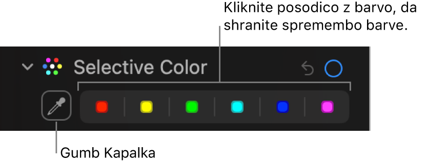 Krmilne funkcije v možnosti Selektivna barva v podoknu Prilagodi s prikazom gumba Kapalka in barvnih krogov.