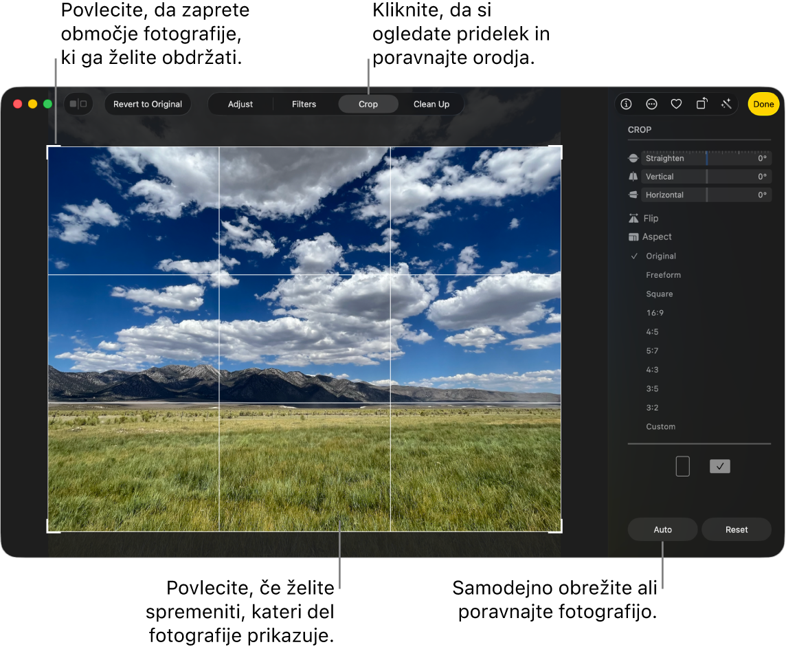 Fotografija v pogledu za urejanje z izbrano možnostjo Obreži v orodni vrstici. Okrog fotografije je pravokotnik za izbor, na desni strani pa so drsniki za poravnavo, možnosti razmerja širina/višina ter gumba Samodejno in Ponastavi.