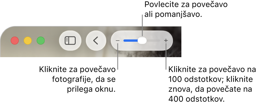 Orodna vrstica s prikazanimi krmilnimi funkcijami za povečavo.