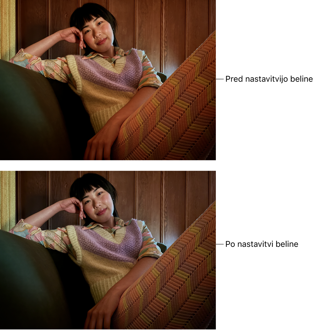 Fotografija pred spremembo nastavitve beline in po njej.