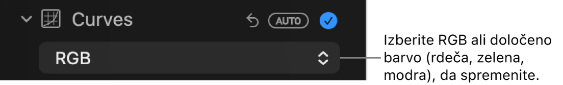 Krmilne funkcije v možnosti Krivulje v podoknu Prilagodi s prikazom izbranega RGB spodaj.