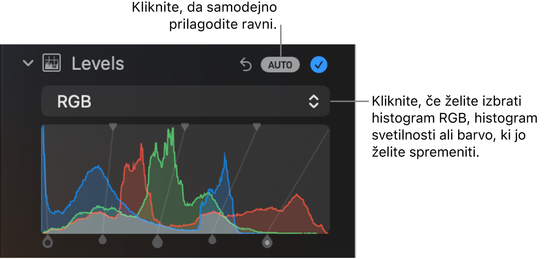Krmilne funkcije možnosti Ravni v podoknu Prilagodi z gumbom Samodejno zgoraj desno in histogramom RGB spodaj.