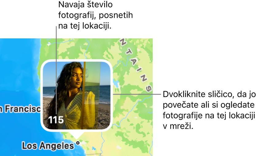 Sličica fotografije na zemljevidu s številko v spodnjem levem kotu, ki označuje število fotografij, posnetih na isti lokaciji.