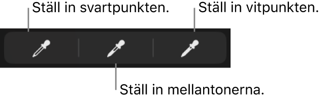 Tre pipetter som används till att ange bildens eller videons svartpunkt, mellantoner och vitpunkt.