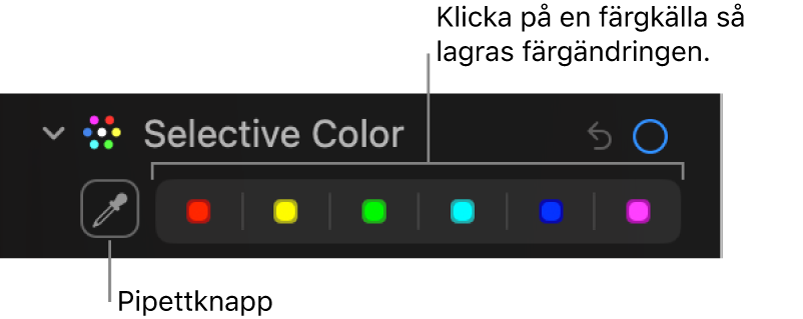 Reglaget för selektiv färg på panelen Justera med pipettknappen och färgkällor.