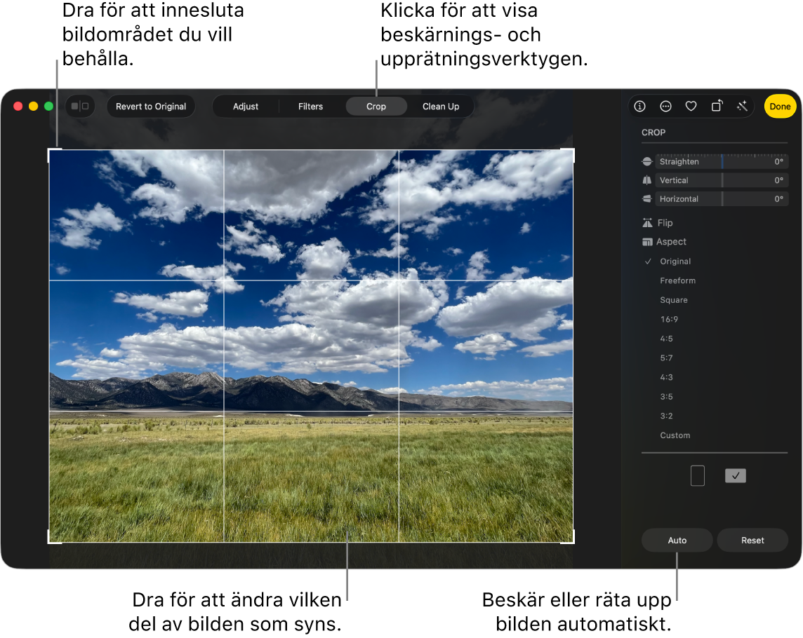 En bild i redigeringsvyn där Beskär är markerat i verktygsfältet och det finns en markeringsruta runt bilden samt upprätningsreglage, alternativ för visningsproportion och knapparna Auto och Nollställ längst ned till höger.