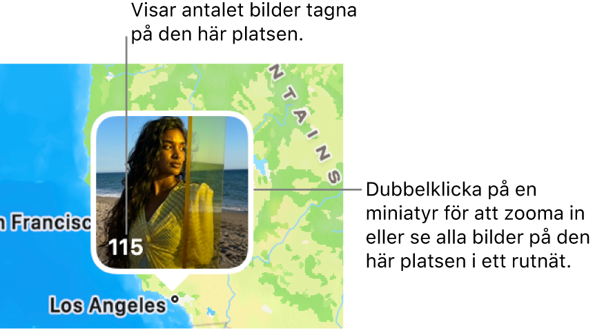 En bildminiatyr på en karta med ett nummer i det nedre vänstra hörnet som representerar antalet bilder som har tagits på den platsen.