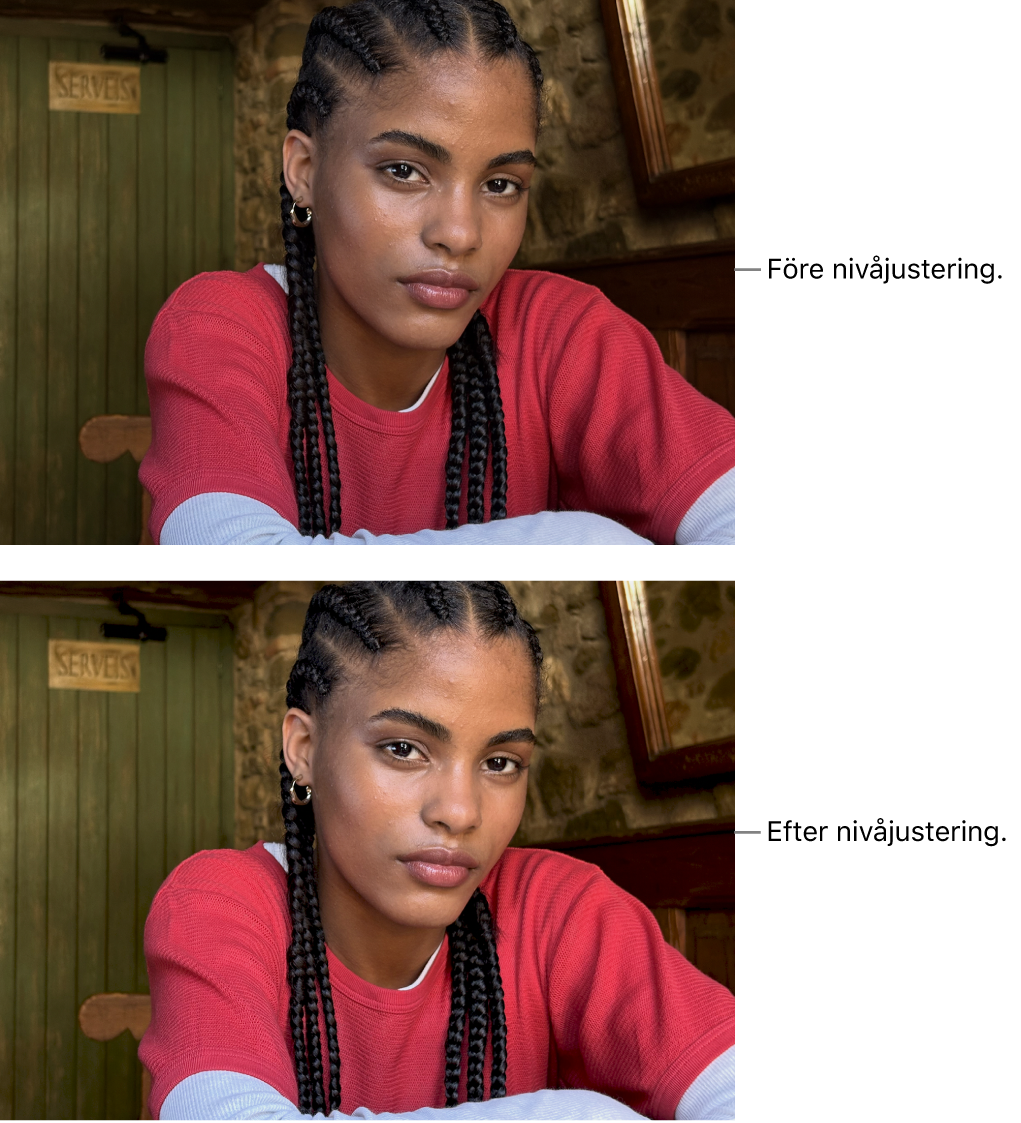 En bild före och efter nivåjusteringar.