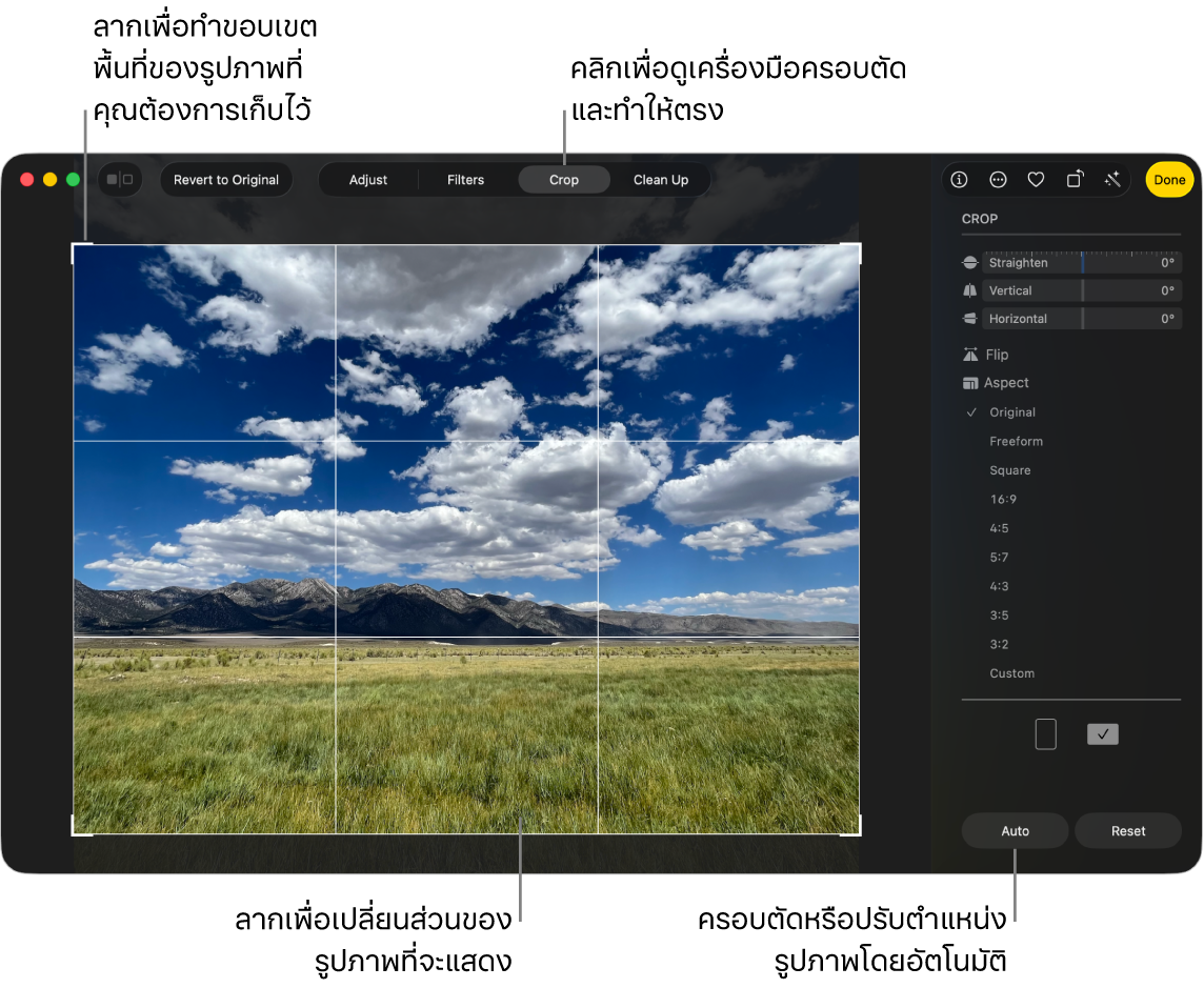 รูปภาพในมุมมองการแก้ไขโดยมีครอบตัดถูกเลือกอยู่ในแถบเครื่องมือ รูปสี่เหลี่ยมผืนผ้าของส่วนที่เลือกอยู่รอบรูปภาพ และแถบเลื่อนสำหรับทำให้ตรง ตัวเลือกอัตราสัดส่วน และปุ่มออโต้และปุ่มรีเซ็ตอยู่ทางด้านขวา