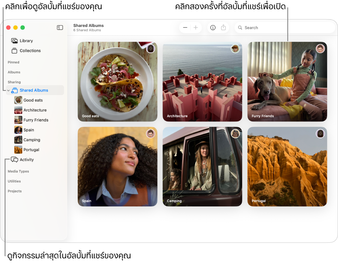หน้าต่างรูปภาพที่แสดงอัลบั้มที่แชร์ถูกเลือกอยู่ในแถบด้านข้างและอัลบั้มที่แชร์แสดงอยู่ทางด้านขวา