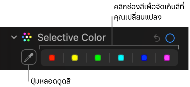 ตัวควบคุมสีที่เลือกในบานหน้าต่างการปรับที่แสดงปุ่มหลอดดูดสีและช่องสี