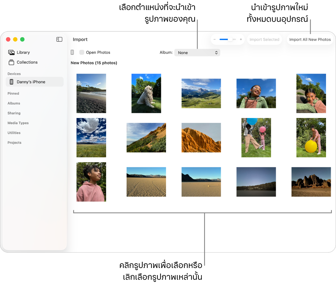 หน้าต่างนำเข้าในแอปรูปภาพบน Mac ที่แสดงรูปภาพใหม่บนอุปกรณ์ ที่กึ่งกลางด้านบนสุดคือเมนูอัลบั้มที่แสดงขึ้น ปุ่มนำเข้าที่อยู่ที่ด้านขวานบนสุด
