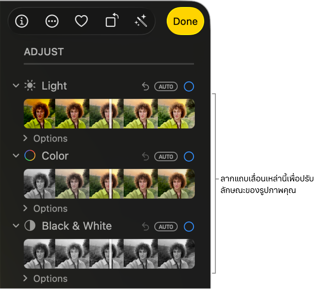 แถบเลื่อนแสงไฟ สี และขาวดำในบานหน้าต่างการปรับ ปุ่มออโต้แสดงอยู่เหนือแถบเลื่อนแต่ละแถบ