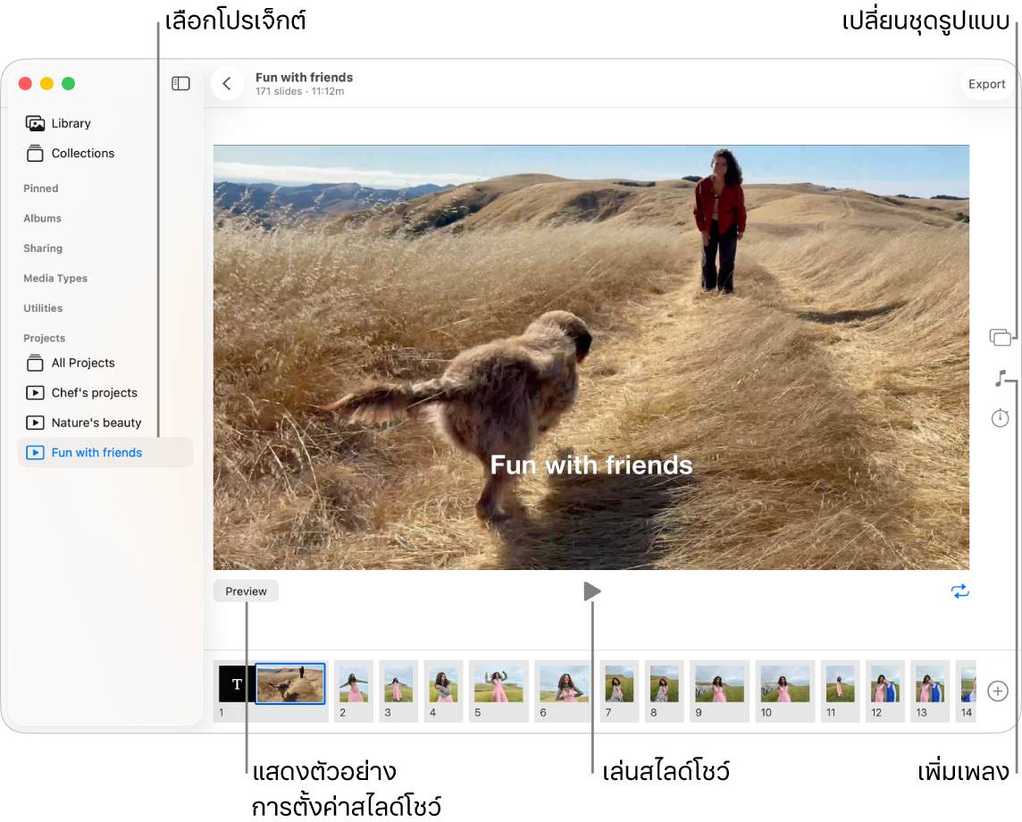 หน้าต่างรูปภาพที่แสดงสไลด์โชว์ในส่วนหลักของหน้าต่าง โดยมีปุ่มแสดงตัวอย่าง ปุ่มเล่น และปุ่มเล่นวนใต้ภาพสไลด์โชว์หลัก และรูปย่อของภาพทั้งหมดในสไลด์โชว์ที่ด้านล่างสุด ปุ่มชุดรูปแบบ ปุ่มเพลง และปุ่มระยะเวลาอยู่ทางด้านขวา