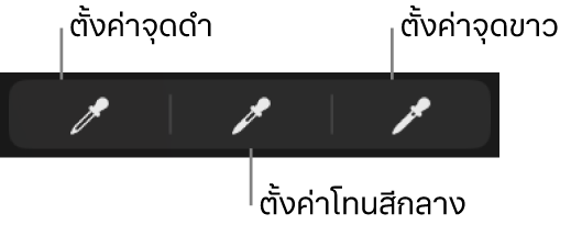 หลอดดูดสีสามหลอดที่ใช้เพื่อตั้งจุดดำ โทนสีกลาง และจุดขาวของรูปภาพหรือวิดีโอ