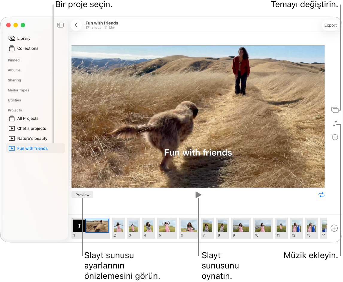 Pencerenin ana bölümünde slayt sunusunu gösteren Fotoğraflar penceresi, ana slayt sunusu görüntüsünün altında Önizleme düğmesi, Oynat düğmesi ve Döngü düğmesi ve alt kısımda slayt sunusundaki tüm görüntülerin küçük resimleri. Tema düğmesi, Müzik düğmesi ve Süre düğmesi sağdadır.
